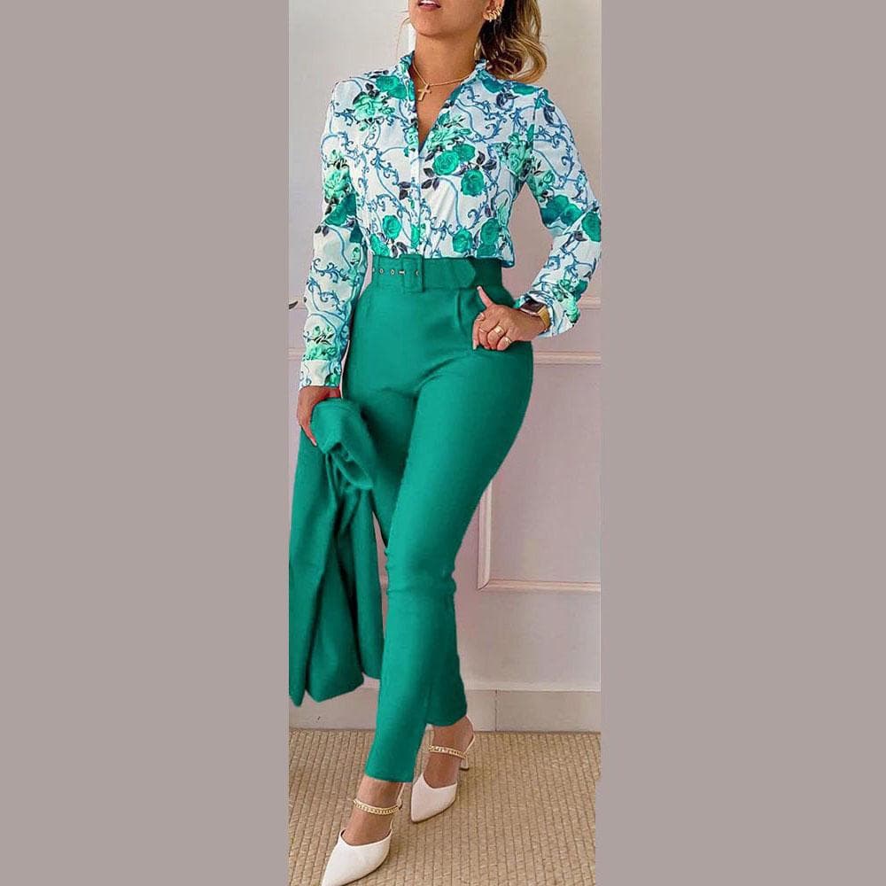 Elegant Print Shirt and Pants Two Piece Sets Women Spring Autumn Fashion Long Sleeve Shirts High Waist Pant Casual Suits Plus Size cm