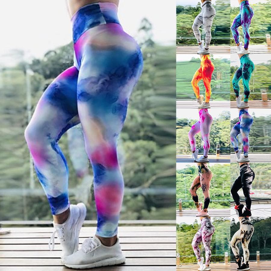 Womens Gradient Multicolor White Clouds Prints Stretch Yoga Leggings Fitness Running Gym Sports Active Pants white