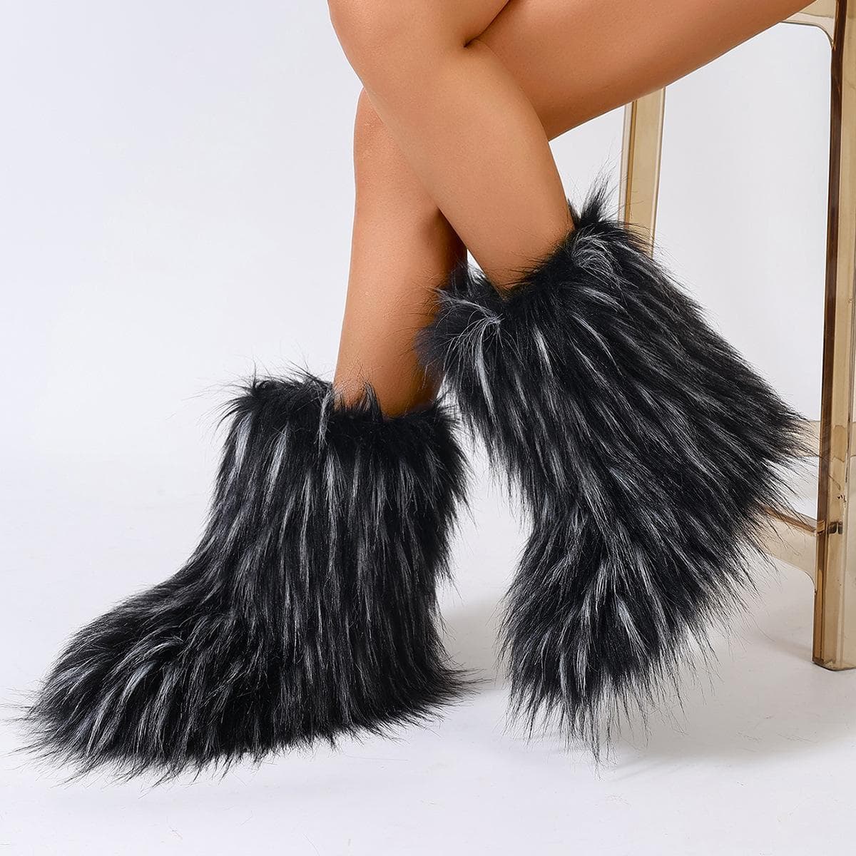 Women's Furry Faux Fur Boots Fuzzy Fluffy Mid Calf Snow Boots Winter Suede Warm Fur Lined Booties Flat Boots for Women Casual Ankle Booties Shoes cm d