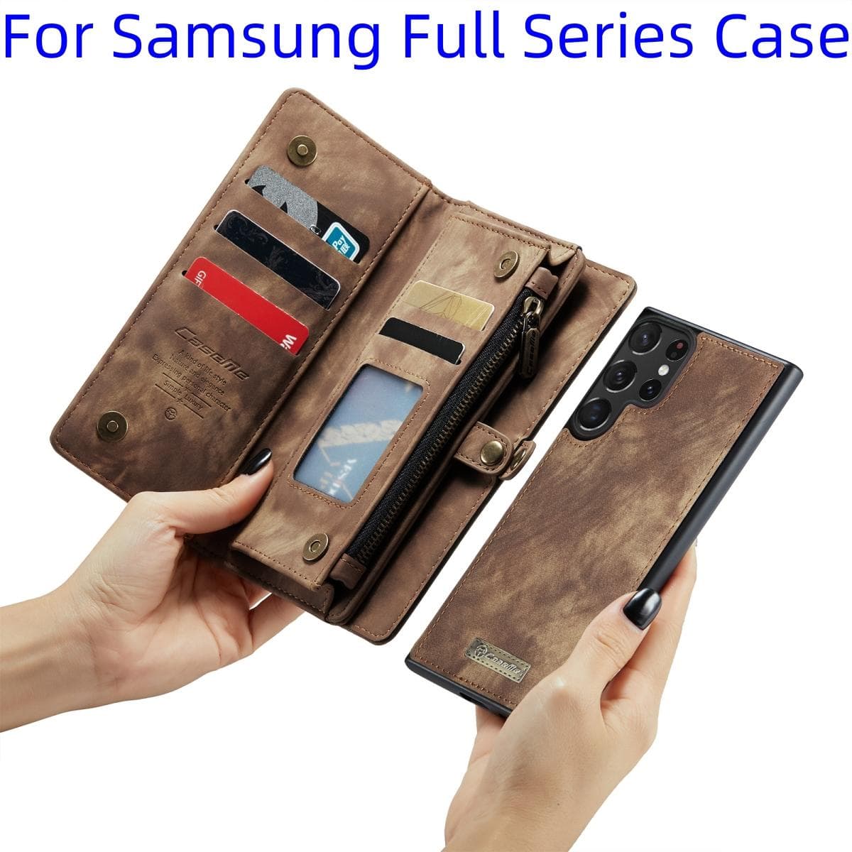 For Samsung Galaxy Case Leather Material with Large Hidden Card Slots and Shockproof Protection, 2-in-1 Design, Zipper Closure black