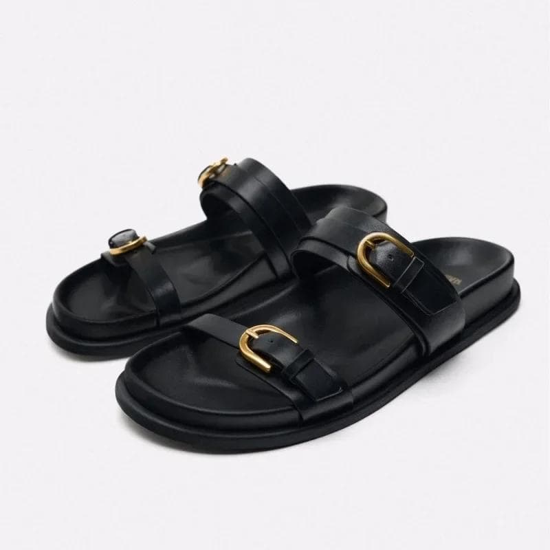 Fashion 2024 Print Flatfrom Slippers Sandals  Round Toe Metal Buckle Shoes for Women Summer Woman's Outdoor Casual Flat Slipper cm