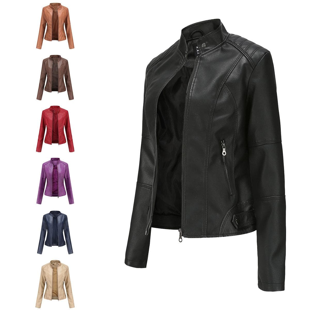 Women's Leather Jacket Women's Slim Jacket Thin Spring and Autumn Jacket Women's Motorcycle Jacket Large Size Stand Collar Leather Jacket cm