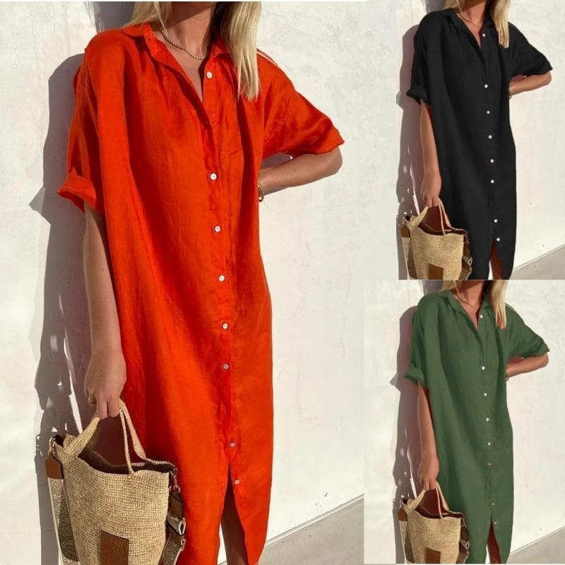 Elegant Casual Loose Short Sleeve Long Shirt Dress Fashion Lapel Women Plus Size Simple Summer Office Dresses Female Solid Color Women's Clothing cm r