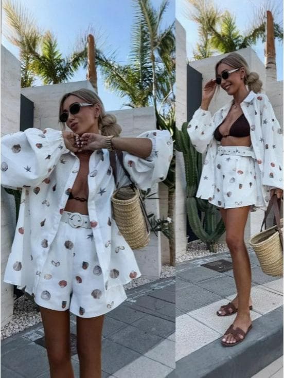 2025 European-American Printed Cardigan Shirt & Shorts Set for Women (No Belt) cm yellow