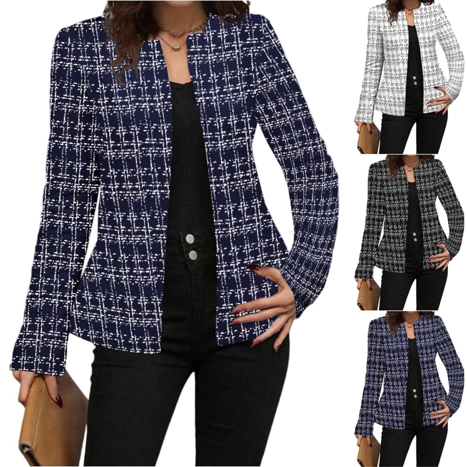 Women's Fashionable Round Neck Long Sleeved Button Cardigan Jacket cm black