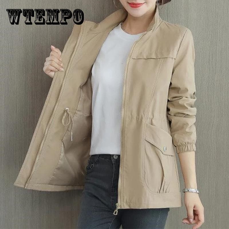 Double Layer Women Windbreaker New Spring Autumn Short Coat Fashion Plus Size Stand-Up Collar Ladies Jacket cm yellow