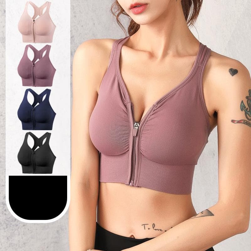Women's Front Zipper Hollow Back Wireless Sports Bra Shockproof Push Up Running Bra Quick-Dry Fitness Tank Top cm dark pink