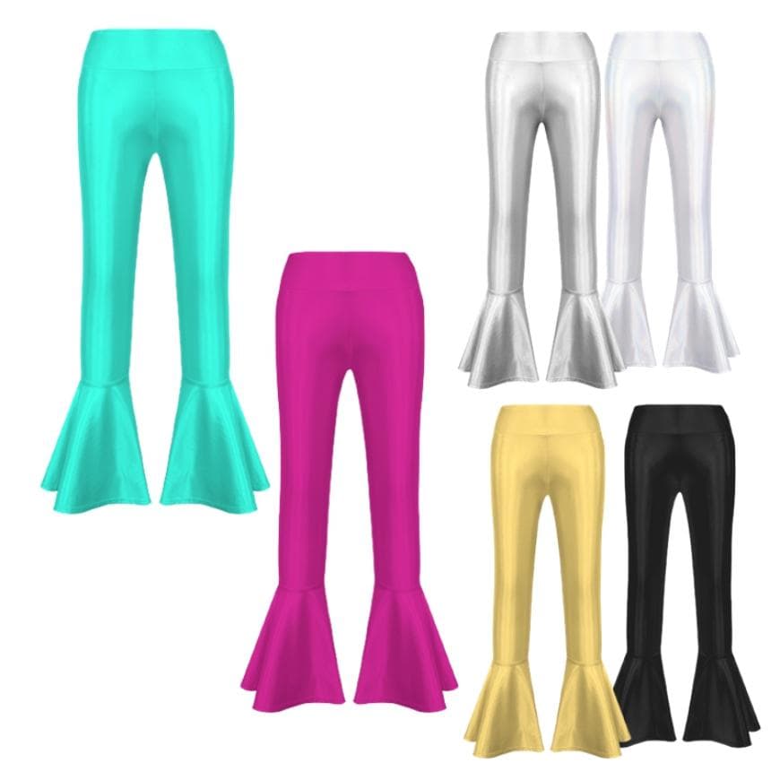 Bronzing Cloth High Waist Flare Trousers Kids Girls Dance Wear Stage Costume Ruffle Hem Bell Bottom Long Pants cm silver