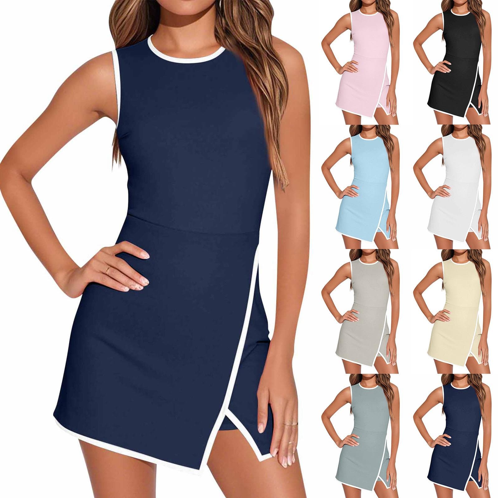 Women Tennis Dress Summer Workout Dress Athletic Sleeveless Fitted Slit Active Dresses Built In Shorts cm Dark blue