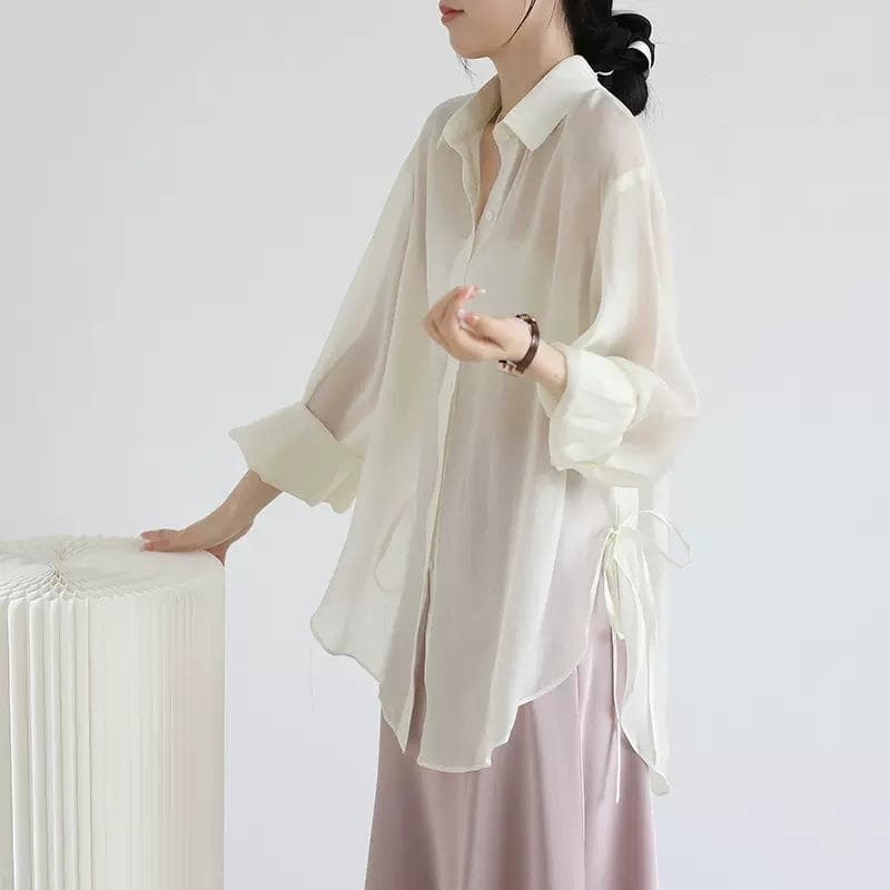 Thin Section Tencel Sunscreen Shirt Shirt Female Summer Loose See-through Hitching Outside Air Conditioning Cardigan Shawl Ice Chiffon Blouse cm blue