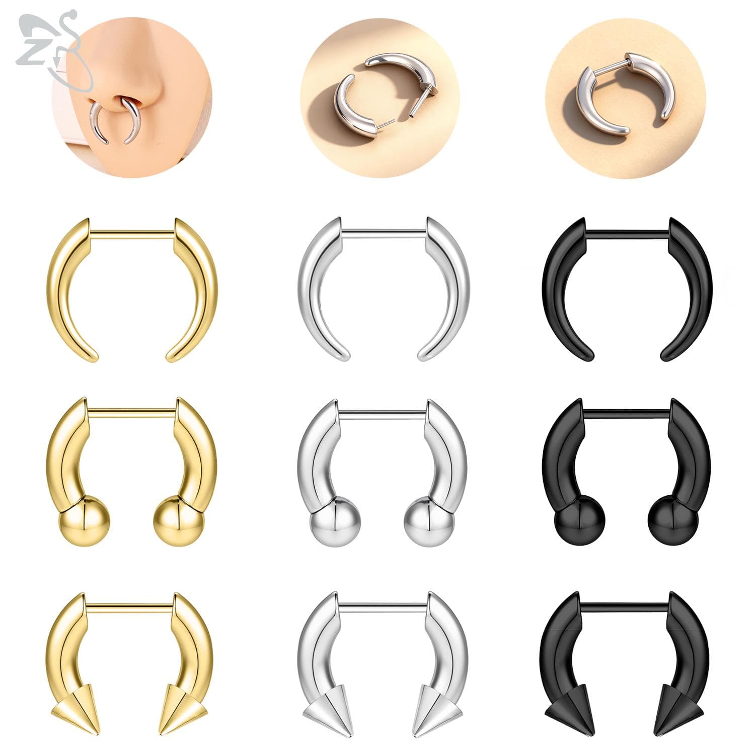 ZS 1PC 16G Buffalo Horn Nose Piercing Stainless Steel Pincher Plug In Septum Ring Stretcher Expander Gold Color Nose Ring 8mm
