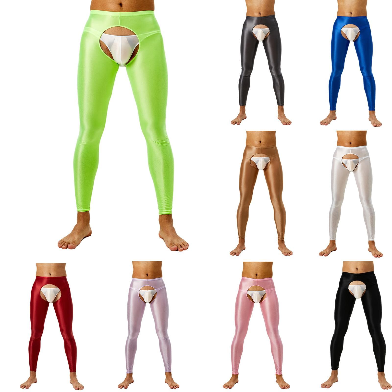 Mens High Waist Leggings Glossy Finish Open Crotch Design Slim Fit Stretch Tights for Nightclub Dance Baselayer cm black