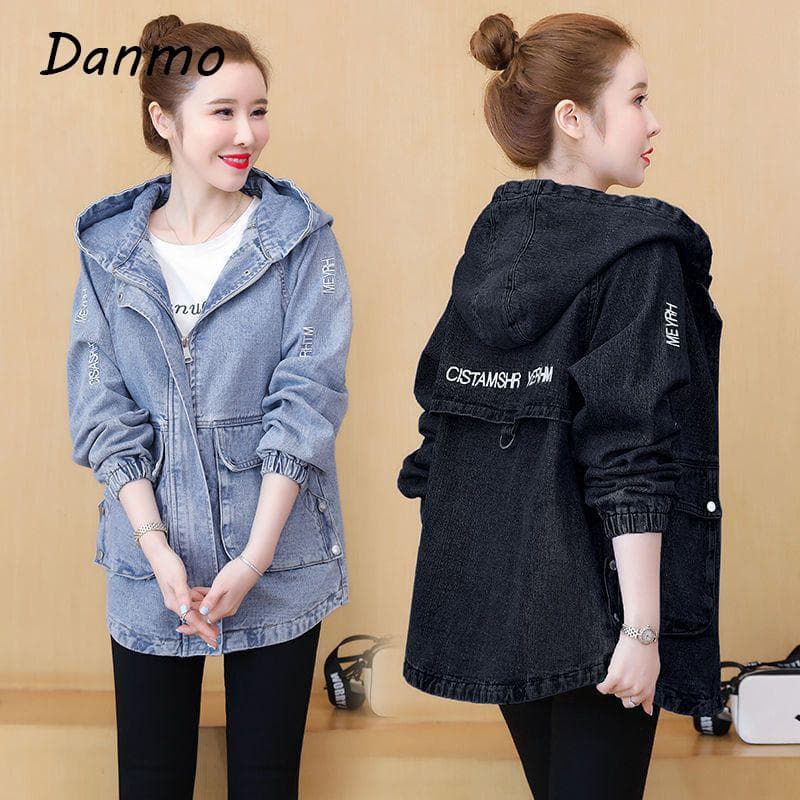 Danmo Hooded Jeans Jacket and Coats for Women Spring Autumn Casual Short Denim Jacket cm blue