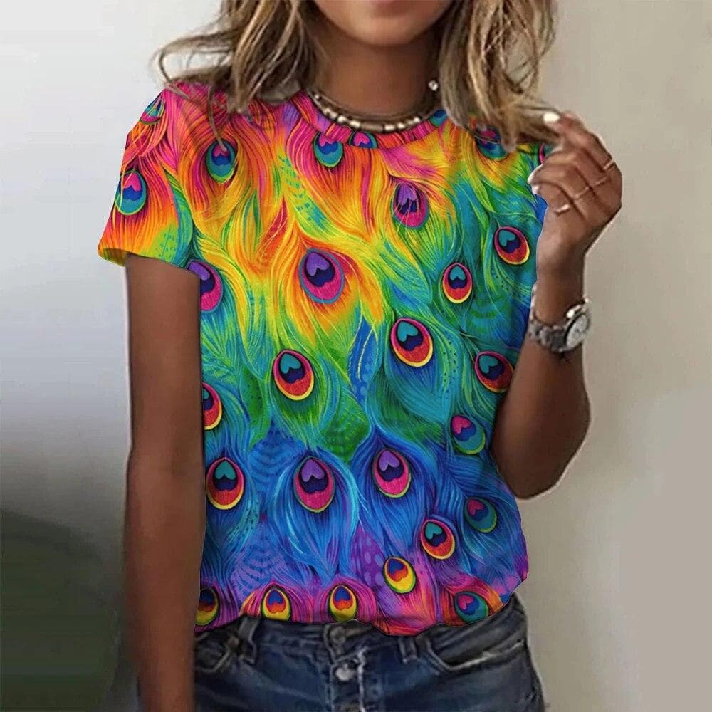 Summer Fashion Women 3d Print T-Shirts Peacock Feather Print Top Harajuku Colorful Personality Short Sleeve Oversized Clothing cm