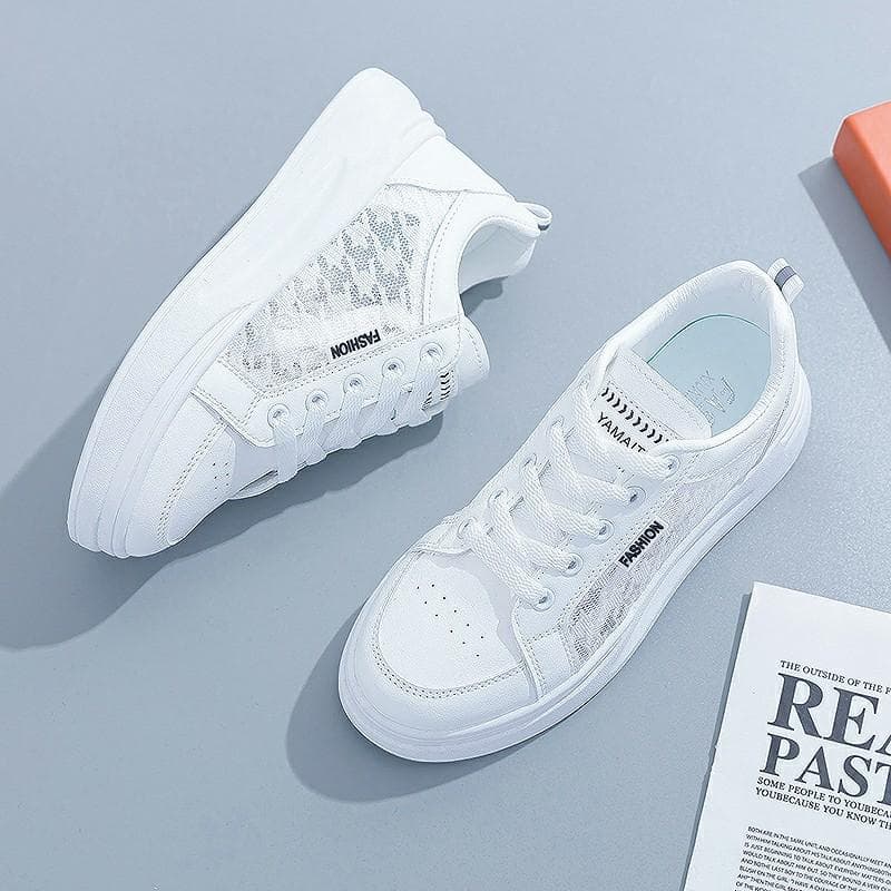 Fashion Women's Shoes Summer Fashion Casual White Shoes Lace Breathable Hollow Mesh Platform Flat Shoes Woman Sneakers cm lemon