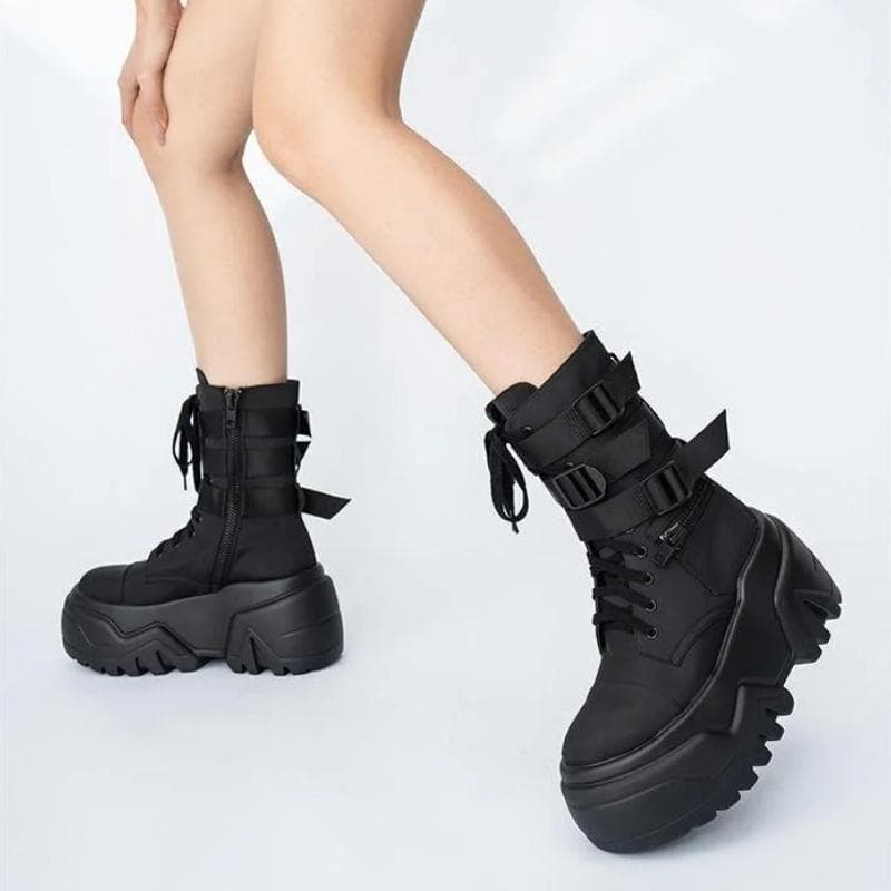 Fashion Women Ankle Booties Autumn Leather Chunky Shoes Woman High Platform Breathable Sneakers 9CM Thick Sole Wedges Motorcycles Boots cm black