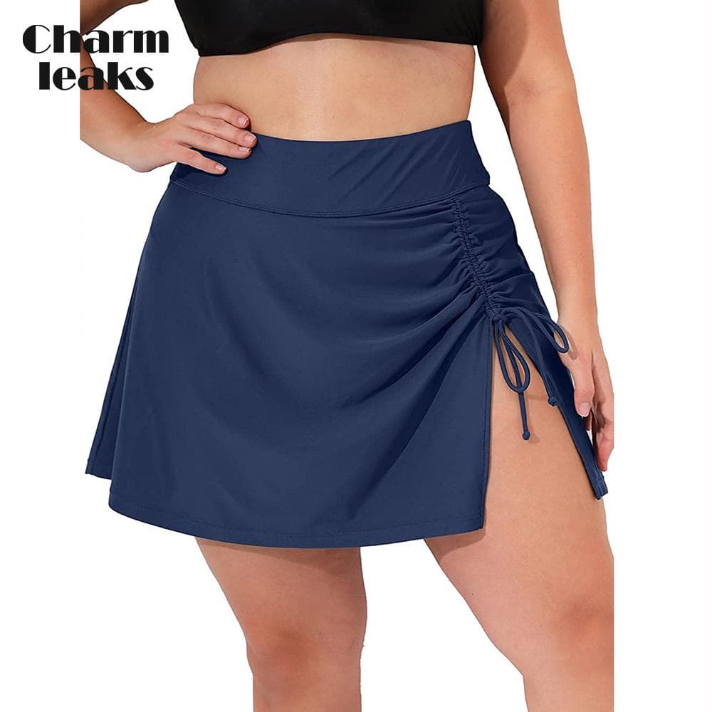Charmleaks Women's Plus Size Swim Skirt Drawstring Swim Dress Built-in Brief Bottom cm Dark blue