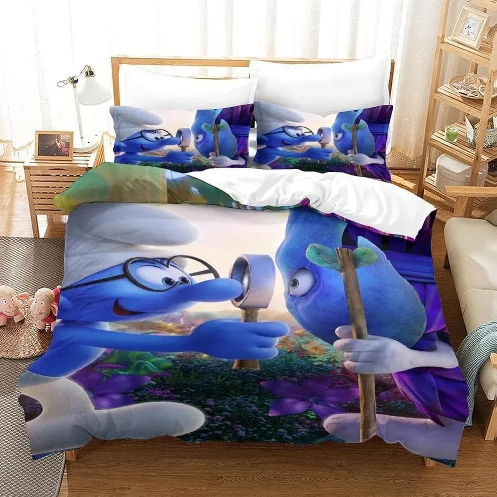 Cute Animated Pattern Print Smurfs Duvet Cover 3D Print Blue Elves Bedding Set For Teenagers Adult With Zip Room Decor