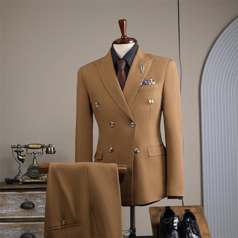 Men's Slim Double-Breasted Brown Suit for Weddings and Business cm