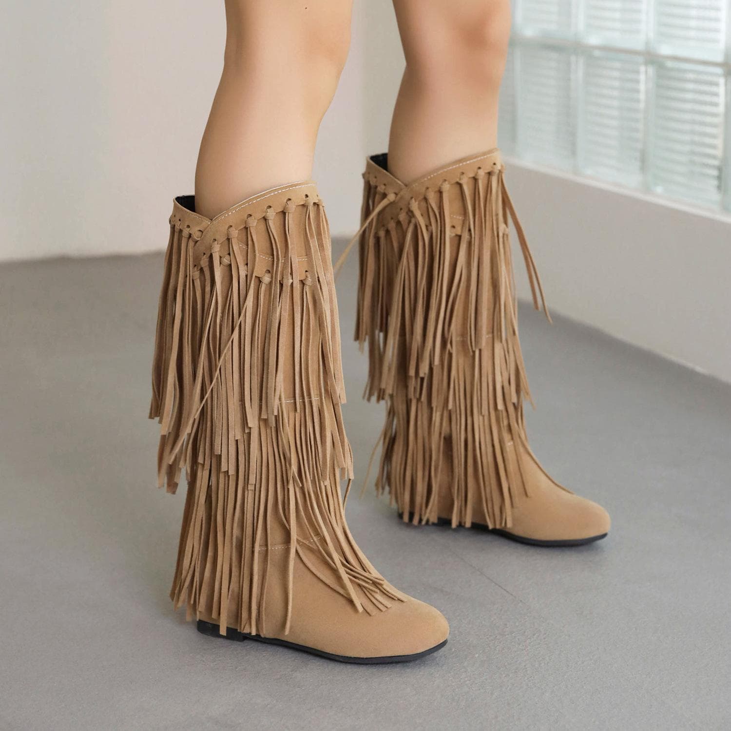 Autumn Winter Women Boots Fashion Tassel Suede Women's High Boots Luxury Casual 3cm Low Heels Fashion Long Party Shoes Female cm