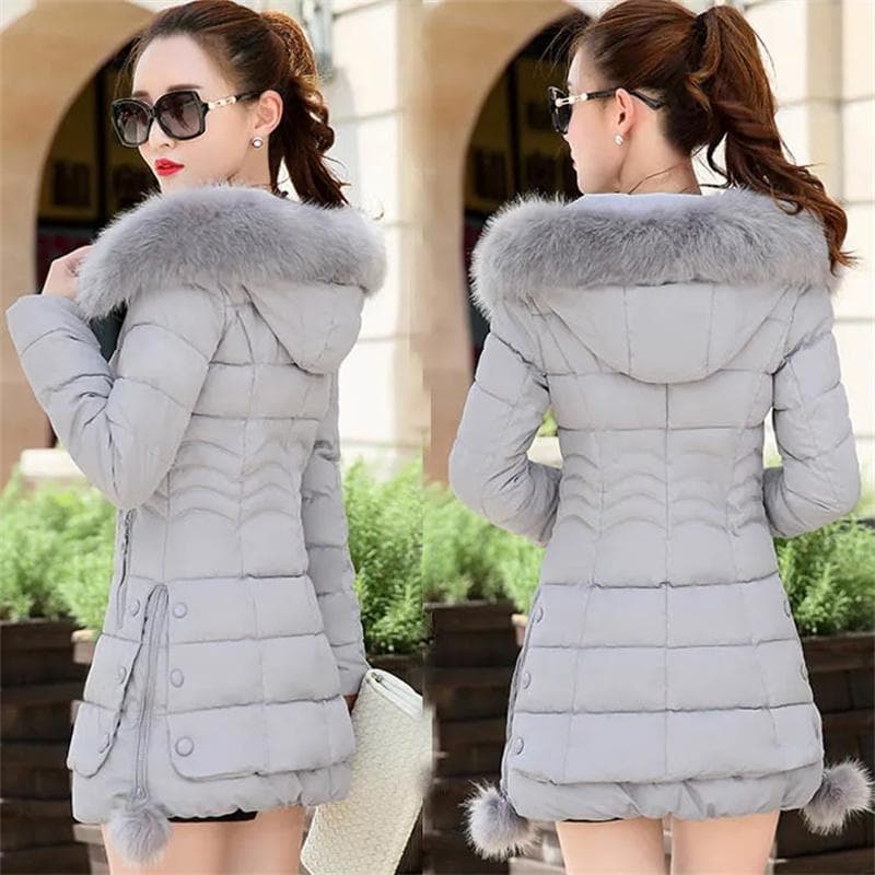 Cotton-Padded Jacket Women In Long Autumn Winter Thickened Big Wool Collar Cotton Coat Korean Slim Cotton-Padded Coat cm black