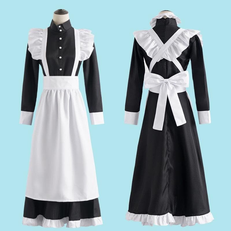 Women Men Maid Outfit Anime Long Dress Black and White Apron Dress Lolita Dresses Cosplay Costume cm