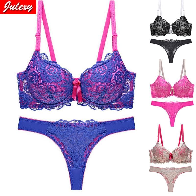 Julexy New 2021 Sexy Lace Women bra set thong hollow out bra Panty Set lingerie brief set cm black