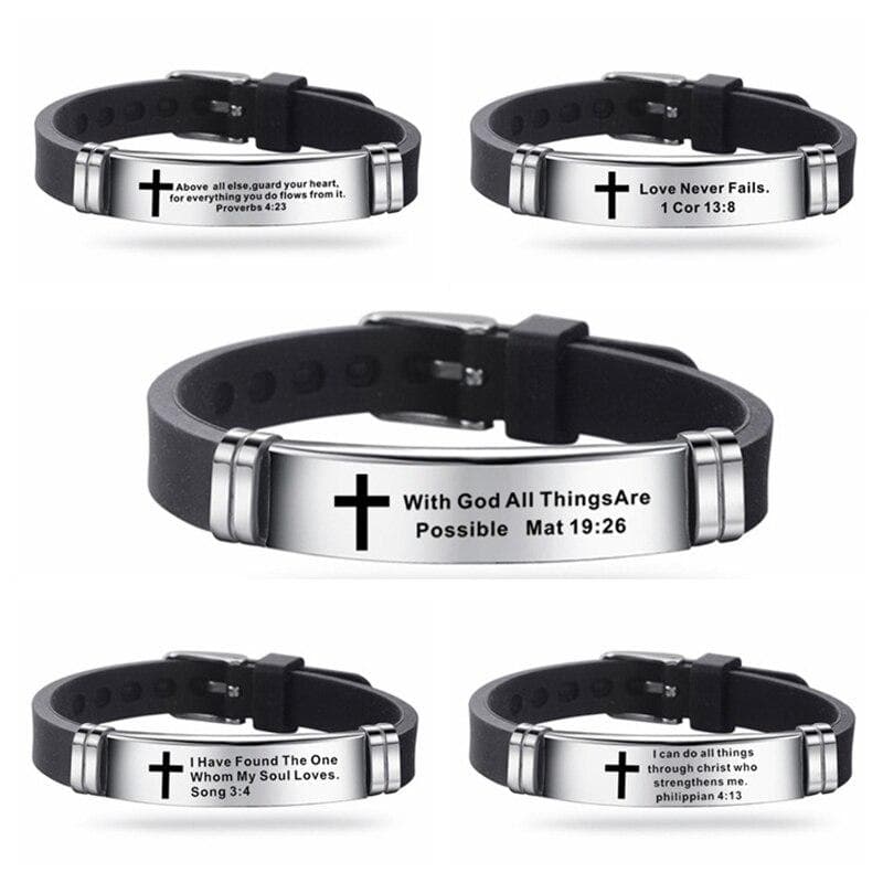 Jesus Cross Bracelets Christian Bible Scripture Stainless Steel  Silicone Bracelet Bangle Jewelry