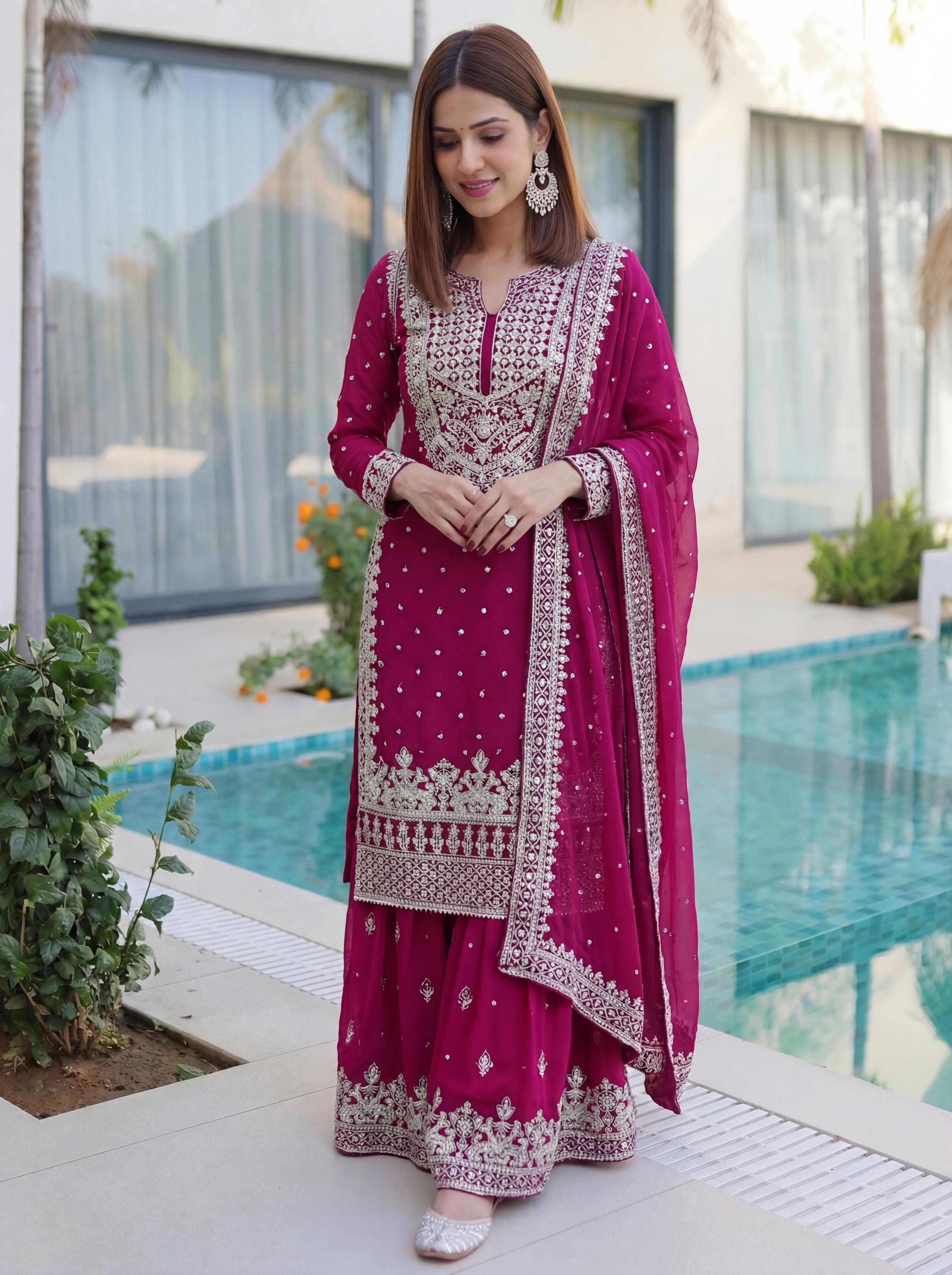 Women Designer Faux Georgette Sharara Salwar Suit Indian Bollywood Party Wear Salwar Kameez cm pink