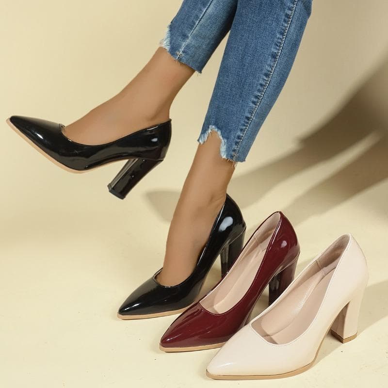 Fashion Patent Leather High Heels Women Spring New Shallow Block Heel Non-slip Elegant Pointed Toe Shallow Mouth Non-tiring Foot Shoes cm black