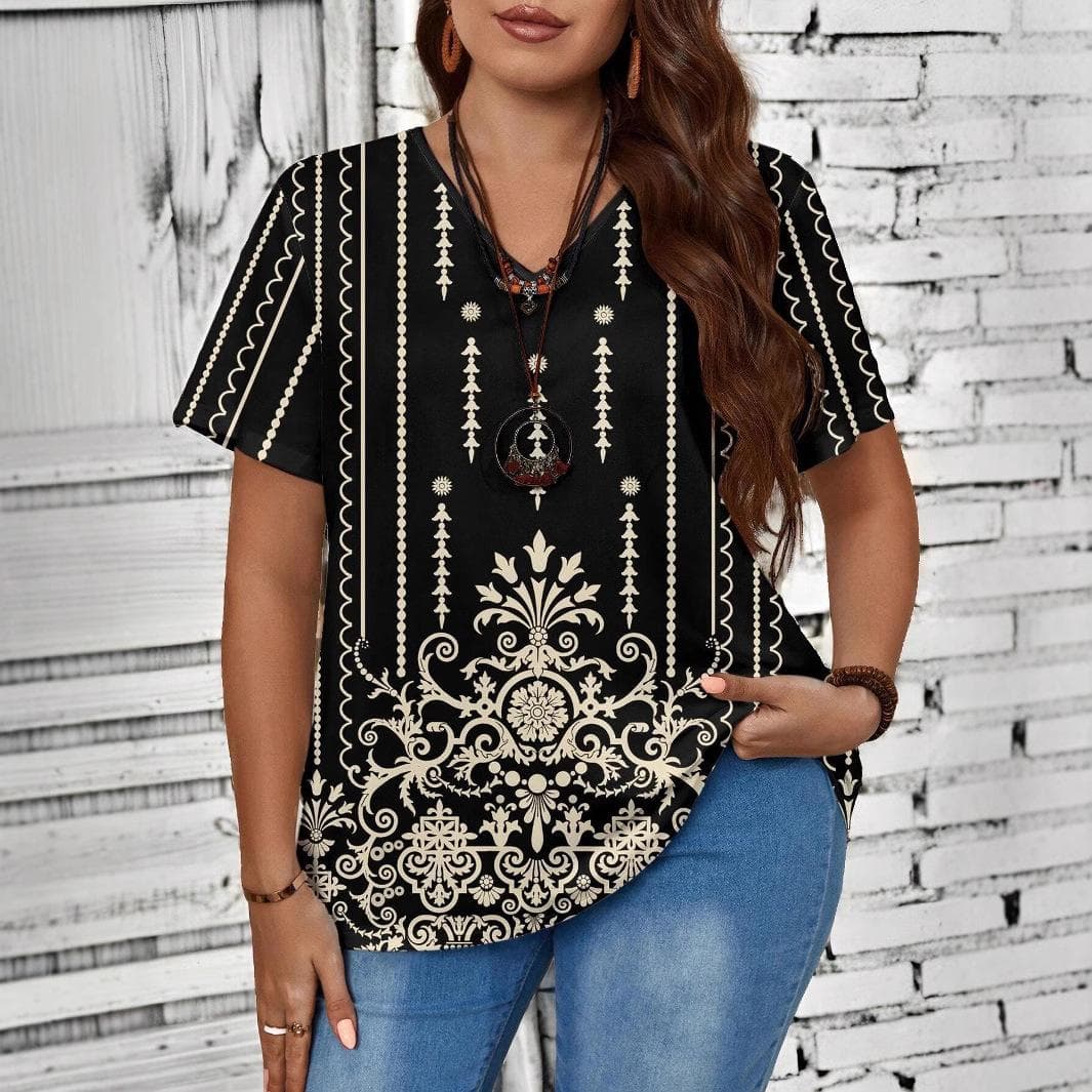 XL-7XL Plus Size V-neck Plus Size Women's Short Sleeved T-shirt with Geometric Heart Pattern Print Tee Tops cm