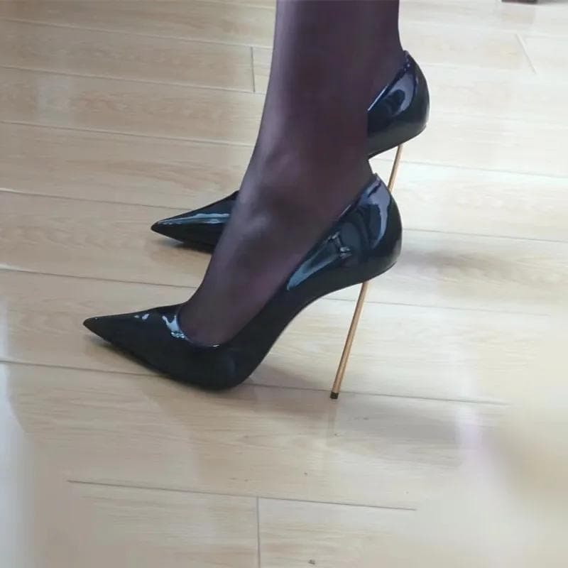 Ultra Fine Steel Needle High Heels Auto Show Metal Heels Women's Shoes Pointed Toe Patent Leather Sexy Single Shoes Women cm black