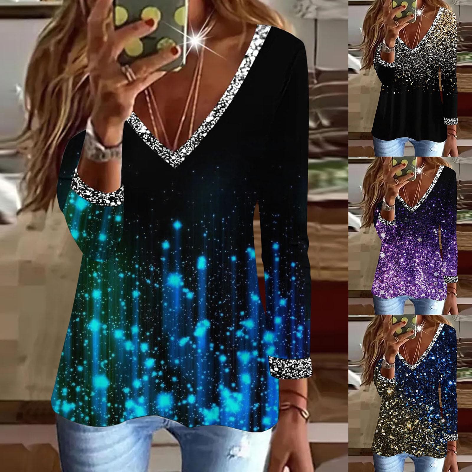 Fashion Sequin Women Blouse Autumnclothes Casual Long Sleeve Tops Ladies 3d Printed Shirts Loose Tunic T-shirts Pullover Blouses cm