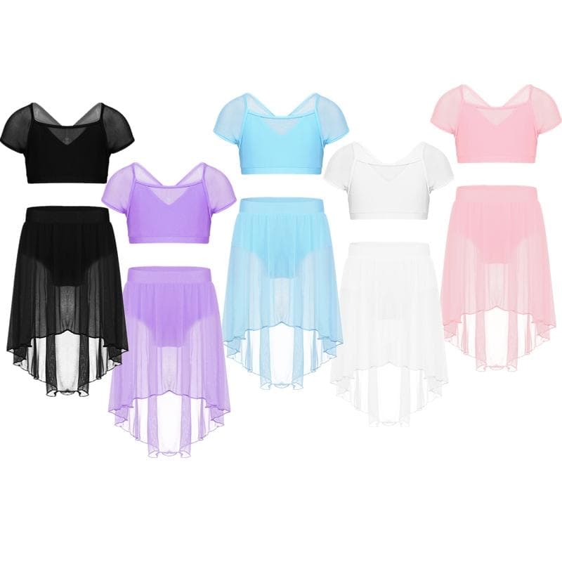 Kids Girls Two Piece Dance Outfit Mesh Skirt Splice Crop Top with High Low Skirt Set cm black