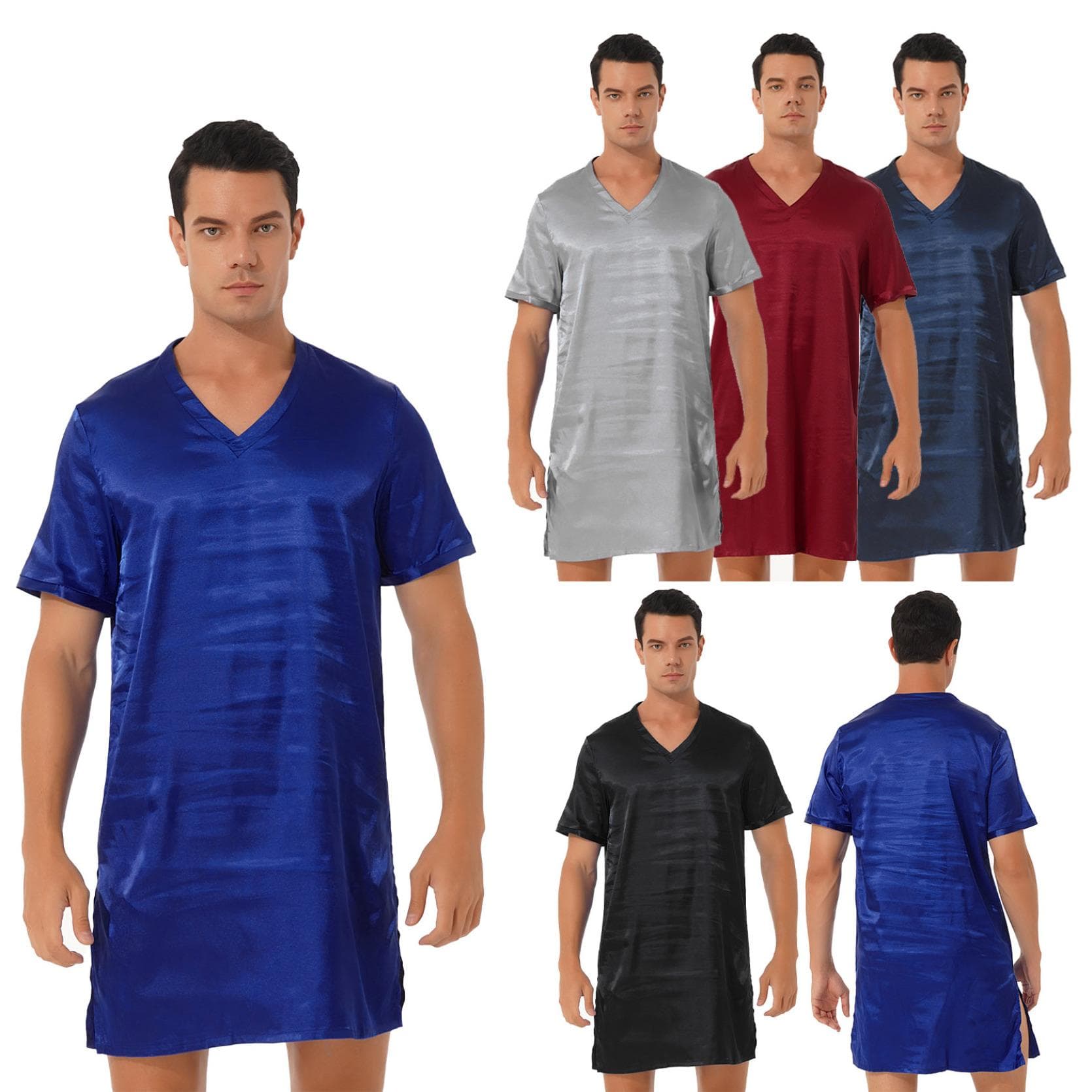 Sleepwear Mens Silk Satin Nightshirt Short Sleeve Pajamas Nightgown Night Shirts for Sleeping