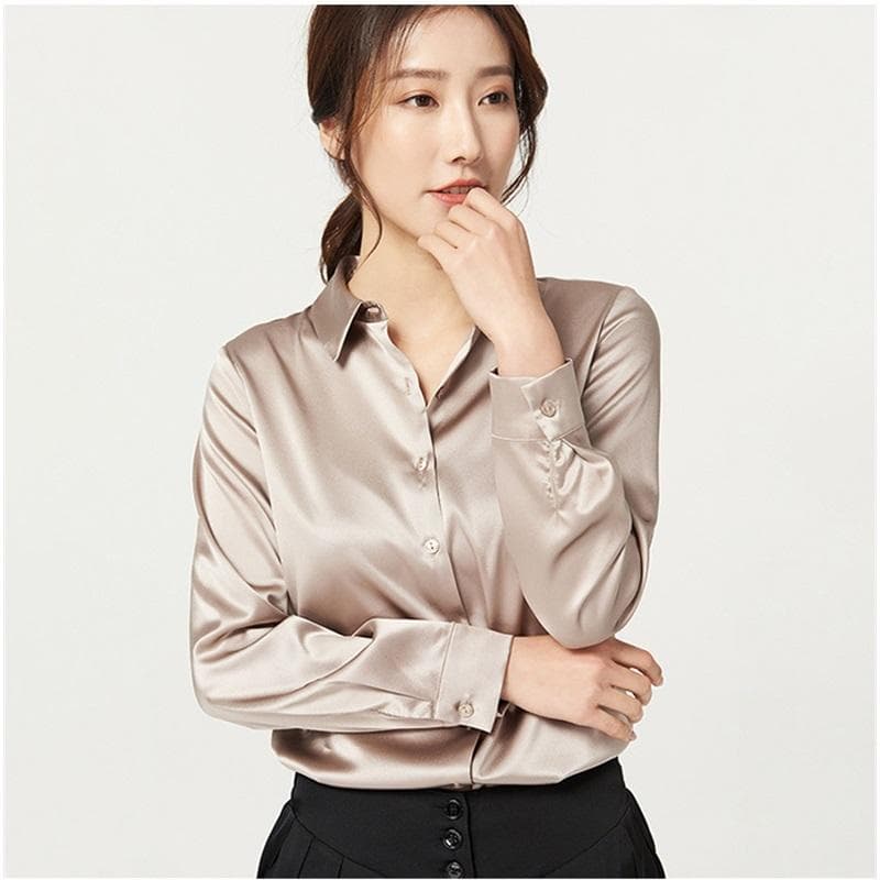 Satin Mulberry Silk Heavy Silk Shirt Women's Shirt Long-sleeved Blouse Commuter Solid Color Professional Wear cm white