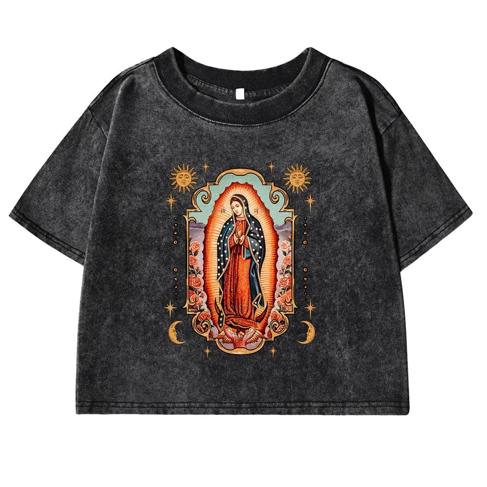 Our Lady Of Guadalupe Printed Woman T-Shirt Summer O-Neck Washed T Shirts Retro Fitness Clothing Short Sleeve Female cm