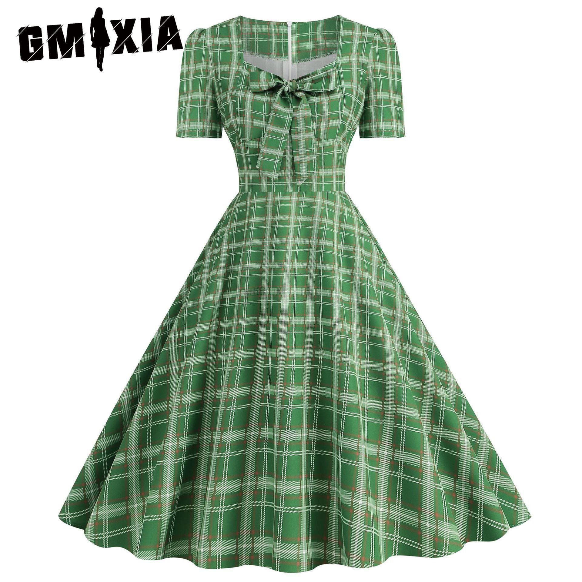 GMXIA Women's Hepburn Style Square Neck Short Sleeve Bow Big Swing Polka Dot Vintage Dress cm
