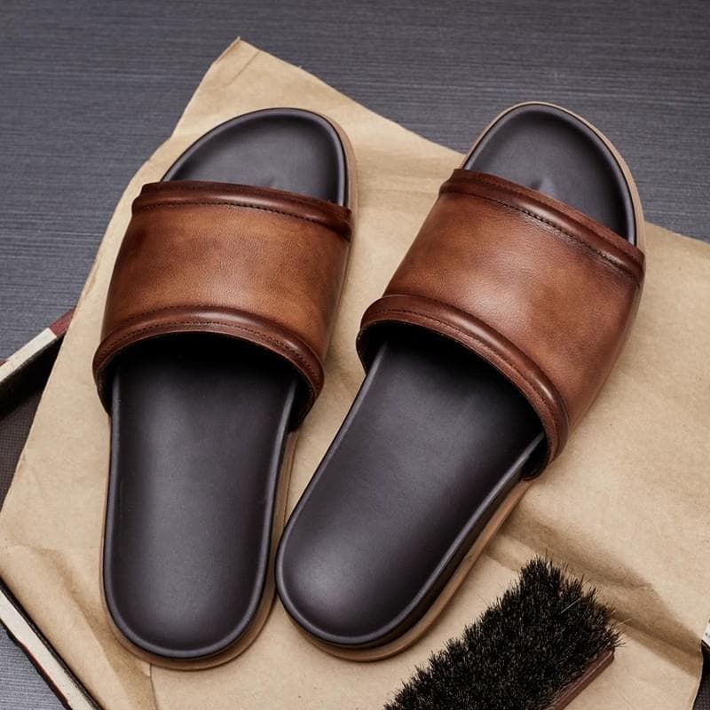 Top Quality Men Genuine Leather Slippers 2024 Summer Casual Comfortable Shoes Luxury Men Handmade Sandals Shoes cm brown