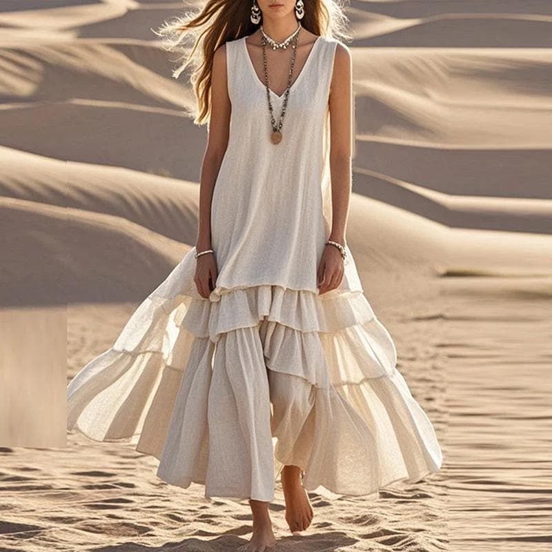 Vintage V Neck SolidPleated Vacation Dresses Women Sleeveless White Cake Display Dress Summer Ladies Beach Dresses cm white