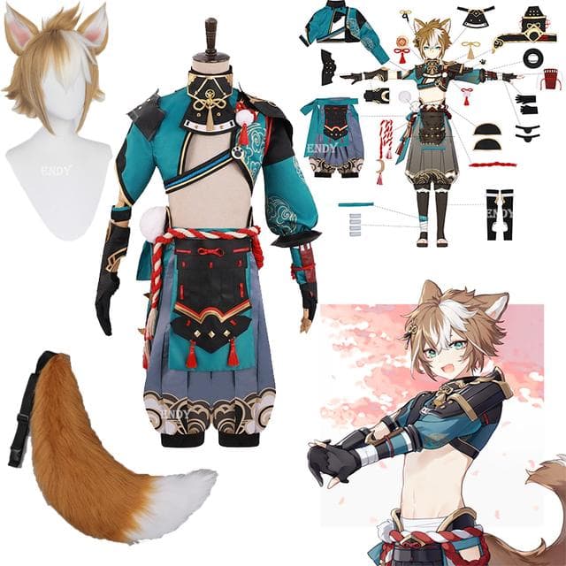 Gorou Cosplay Costume Gorou Cosplay Costume Men Blue Fox Boy Costume Halloween Pants Tail Ears Full Set cm