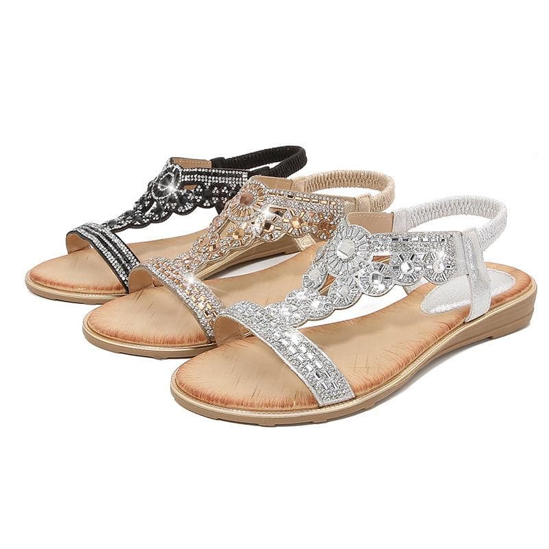 Spring New Style Bohemian Sandals Round Toe Flat Sandals for Women Rhinestone Large Size Women Sandals cm silver