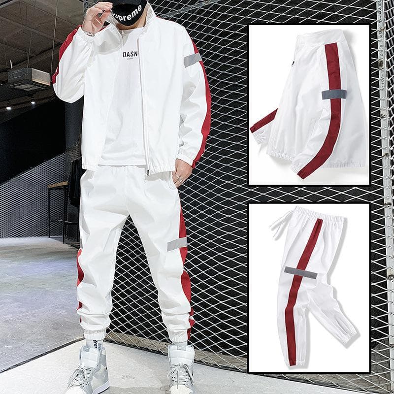 Men Sportswear Set Spring Autumn Set Mens Tracksuit Patchwork Hip Hop Sweatshirt+Pants Male Casual Jacket Streetwear Track Suits cm white