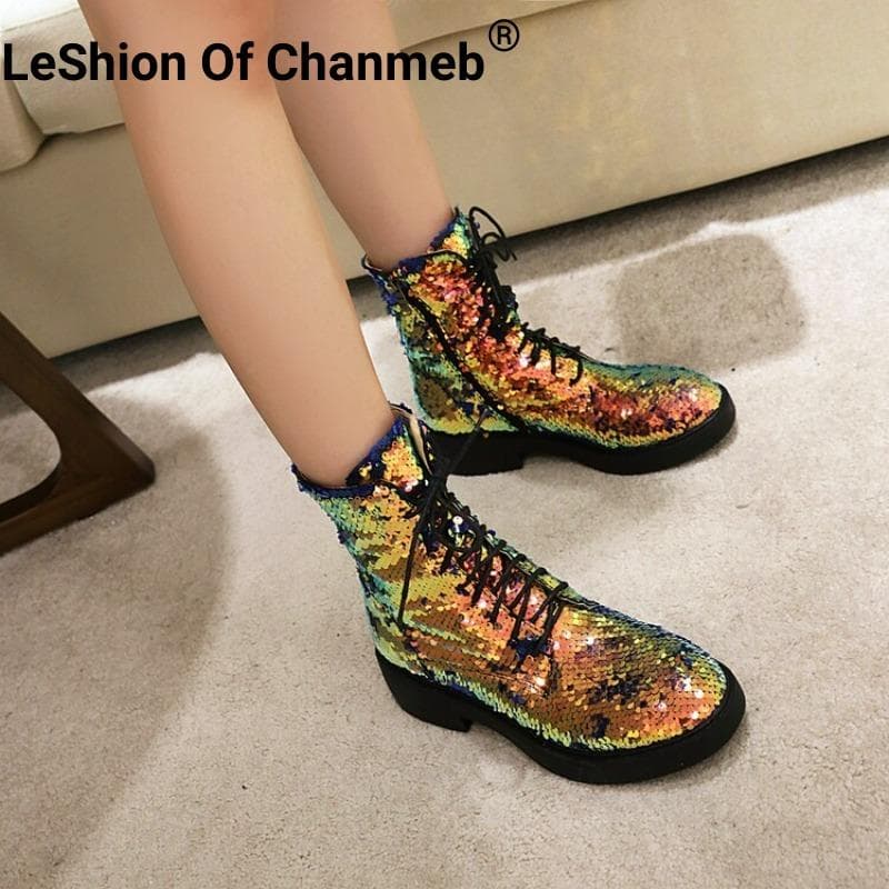 Shiny Sparkly Sequins Boots for Women Chunky Heels Lace-up Zipper Glitter Gold Silver Bootie Party Prom Shoes cm gold