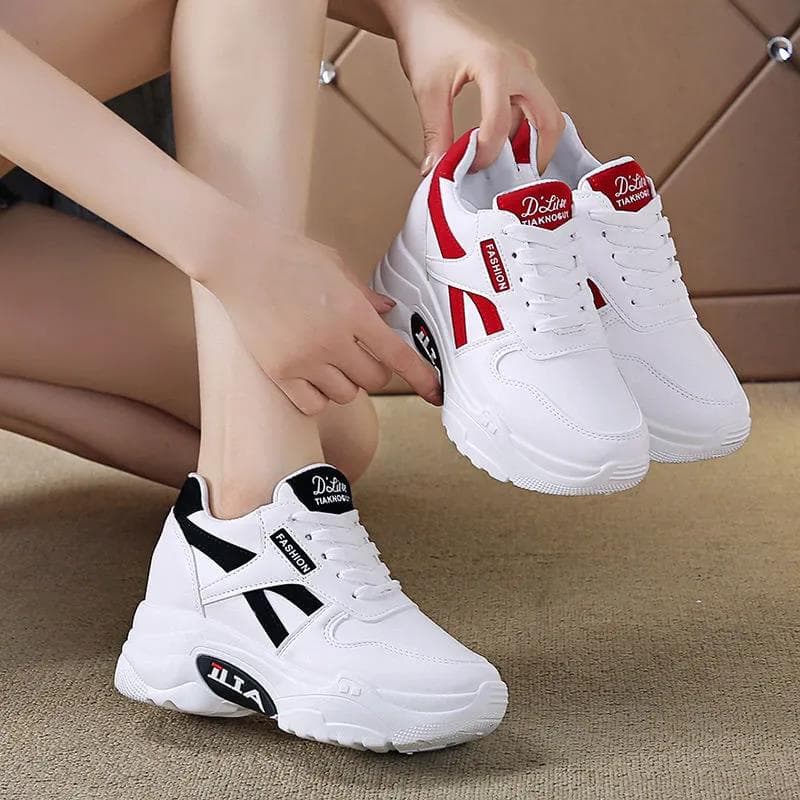 Women's Leather Casual Sports Shoes Wild Sponge Cake Thick-soled Old Shoes cm black