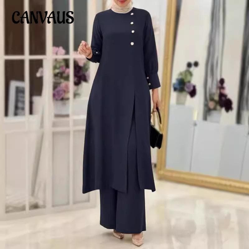 Women's Plus Size Two Piece Elegant Solid Color Side Slit Long Shirt Wide Leg Pant Suit cm dark blue