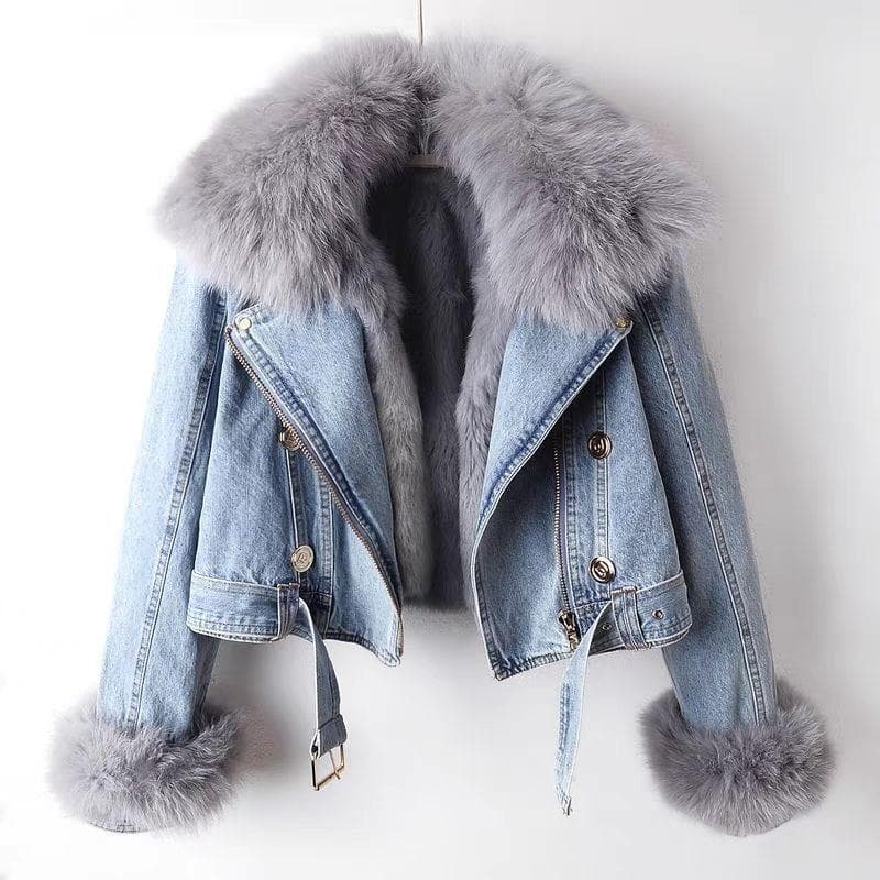 Women's Autumn and Winter Detachable Faux Fox Denim Jacket Cropped Top Pie Overcome cm blue
