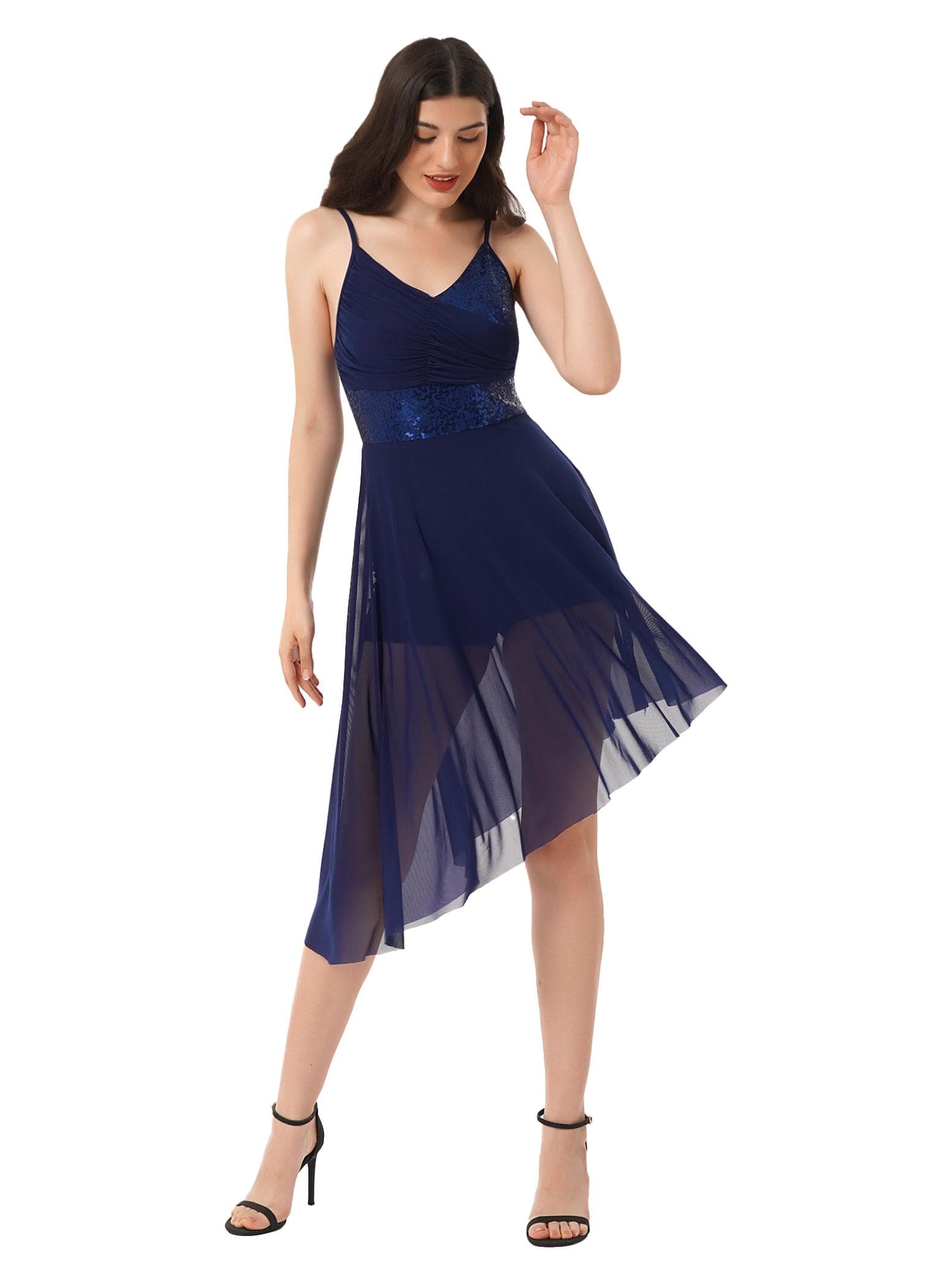 Women Pleated Dress Dance Performance Costume Sequin Asymmetrical Hem Dress for Latin Dance Lyrical Dance cm navy blue