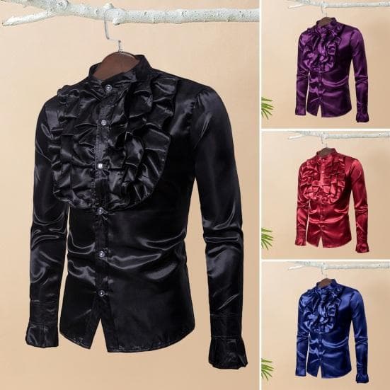 Shirt Solid Color Ruffle Stand Collar Button Closure Male Flouncing Dress Shirt Long Sleeves Top cm yellow