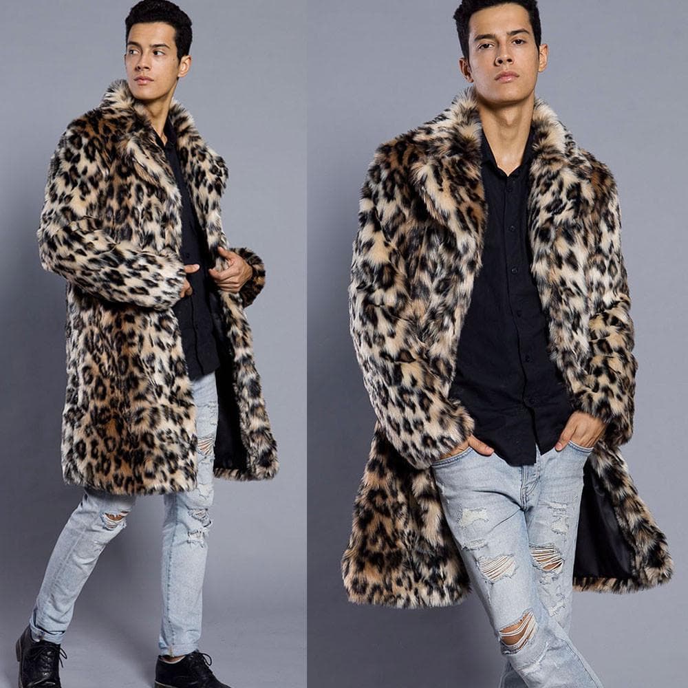 Mens Leopard Warm Thick Fur Collar Coat Jacket Faux Fur Parka Outwear Cardigan cm black